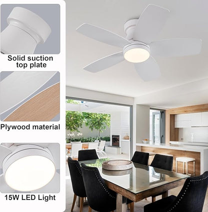 30 inch Ceiling Fans with Lights and Remote,Flush Mount White Ceiling Fan,Memory Fuction Reversible Quiet DC Motor Low Profile Ceiling Fans For Living Room Bedroom Outdoor(White&Natural Wood)