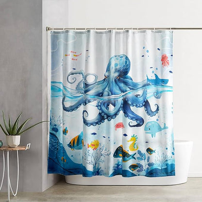 AILONEN Blue Octopuses Shower Curtain Set, Cartoon Octopus Creature Waterproof Fabric Shower Curtain,Ocean Animal Cloth Bath Curtain,Watercolor Blue Shower Curtain Liner with Hooks,72" Wx84 H