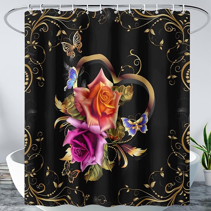 AILONEN Girls Rose Floral Shower Curtain 36" W*72" H for Bathroom, Gold Yellow Flower Butterfly Bathroom Curtain,Women Teen Girls Flower Bath Curtain Polyester Waterproof Bath Curtain with 12 Hooks