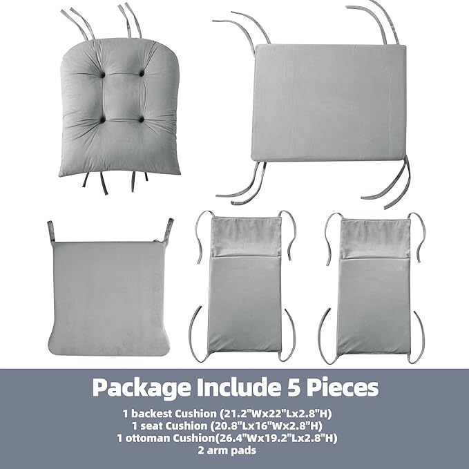 5 PCS Velvet Glider Rocker Replacement Cushions with Side Storage Pocket, Thickened & Supportive Cushions Set for Indoor Nursery Rocking Chair, Llight Grey