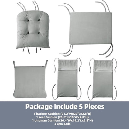 5 PCS Velvet Glider Rocker Replacement Cushions with Side Storage Pocket, Thickened & Supportive Cushions Set for Indoor Nursery Rocking Chair, Llight Grey