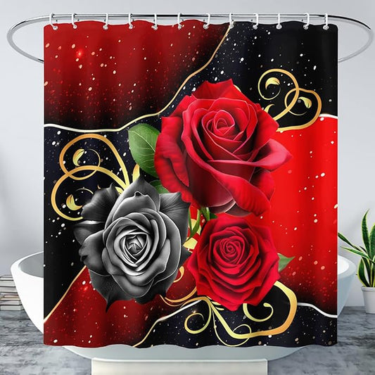 AILONEN Romantic Red Rose Flower Shower Curtain,Red and Black Floral Bath Curtain,Modern Flower Waterproof Curtain for Bathroom Decor, 72" W x 96" H
