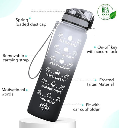 32oz Motivational Water Bottle with Time Marker & Fruit Strainer, Leak-proof BPA Free Non-Toxic Bottle with Carrying Strap, Perfect for Fitness, Gym and Outdoor Sports
