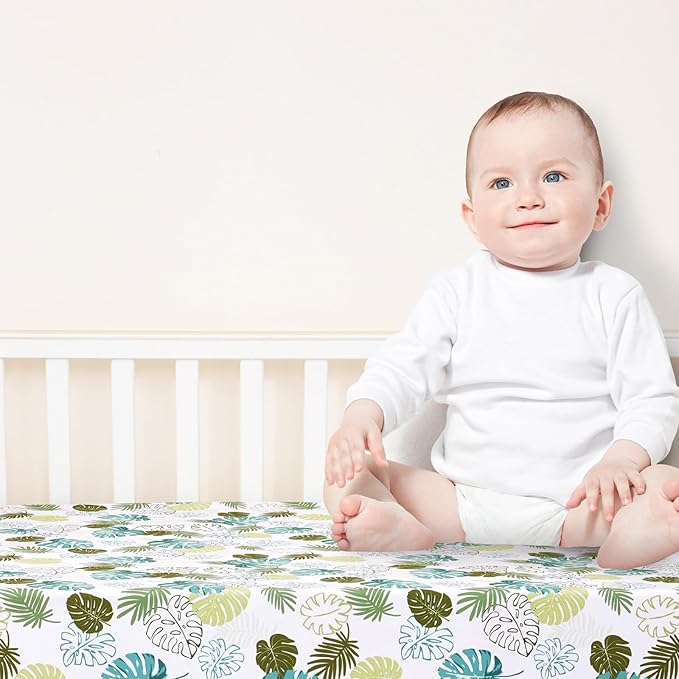 3 Pack Fitted Crib Sheets, Ultra Soft Breathable Comfortable Baby Sheet Set for Boys Girls Neutral, 28x52 Inch Fits Standard Crib and Toddler Mattresses, Leaf