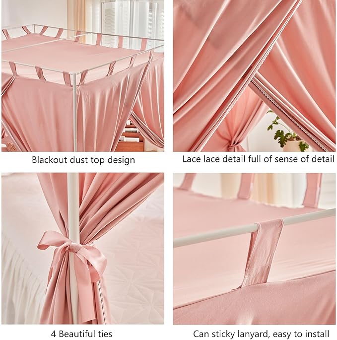 AIKASY Bean Paste Canopy Bed Curtains with Top Ties and Tie Backs for Bedroom Decoration - Twin Size Bed Curtains with Windproof and Lightproof Features