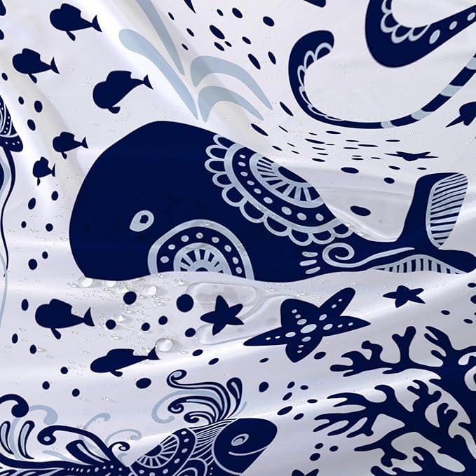 AILONEN Cartoon Dolphin Shower Curtain for Kids 60" W*72" H Inch,Blue Whales Octopuses Turtles Pattern Shower Curtain,Ocean Life Theme 12 Pack Hooks Polyester Waterproof Fabric Decor for Bathroom