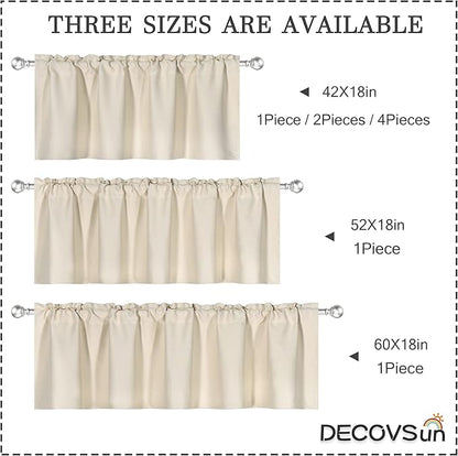 Beige Valance for Windows 52x18 Inch Solid Thermal Insulated Blackout Rod Pocket Kitchen Short Curtain Toppers Valance for Bathroom Living Room 1 Panel