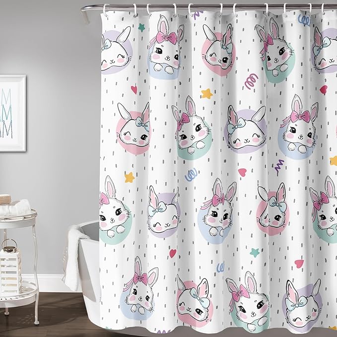 AILONEN Cute Rabbit Shower Curtain, Cartoon Kawaii Bunny Shower Curtain for Bathroom,Modern Minimalist White Waterproof Fabric Shower Curtain Set with Hooks 72" W*78" H