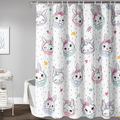 AILONEN Cute Rabbit Shower Curtain, Cartoon Kawaii Bunny Shower Curtain for Bathroom,Modern Minimalist White Waterproof Fabric Shower Curtain Set with Hooks 72" W*72" H