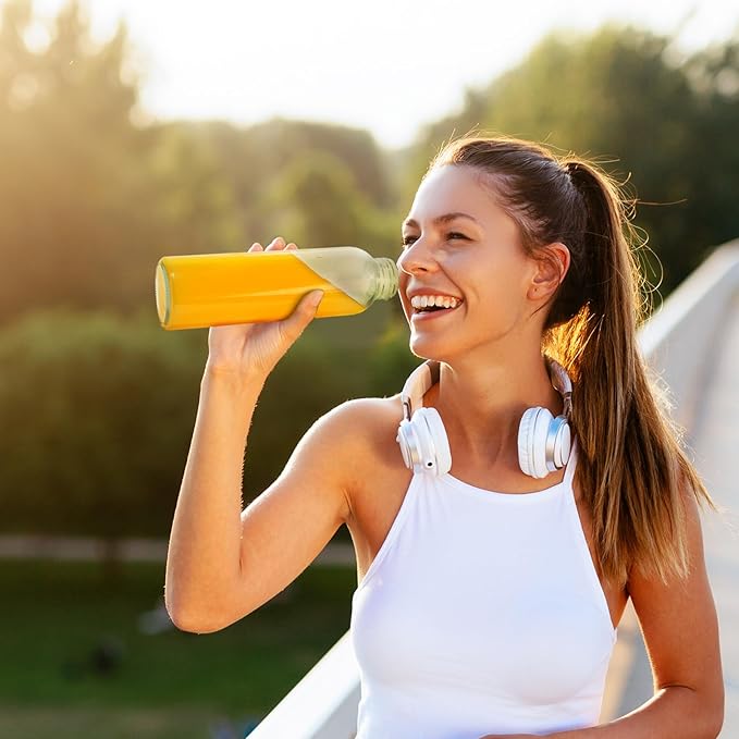 Glass Juice Bottles with Lids for Juicing 18 oz, Reusable Clear Glass Water Bottles with Stainless Steel Airtight Cap for Refrigerator, 100% Leak Proof, BPA Free, Set of 6