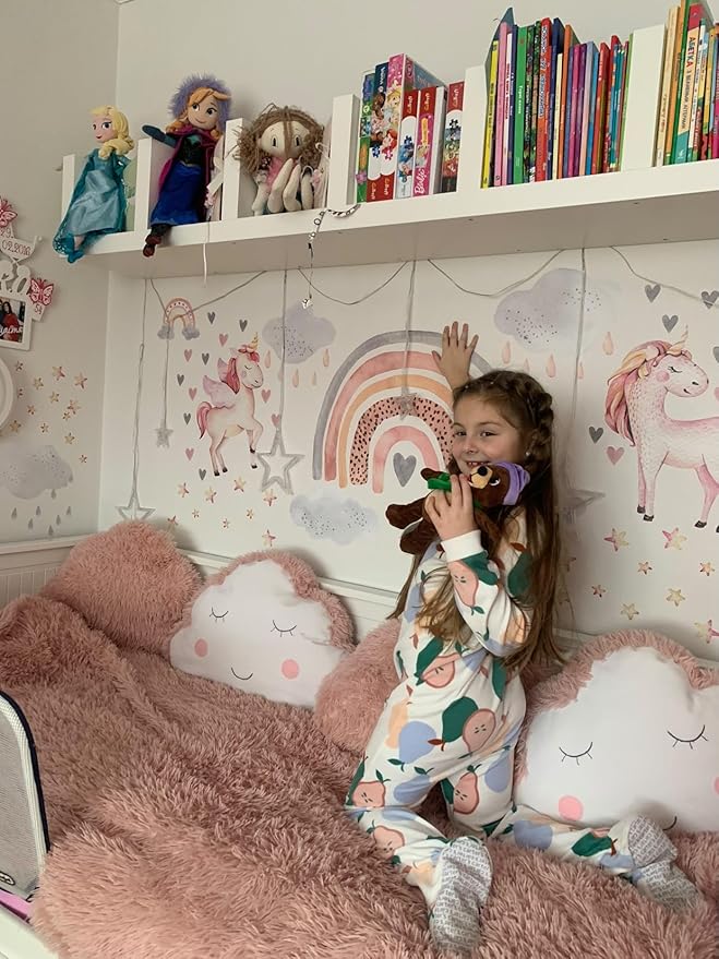 Large Rainbow Wall Decals by Lipastick - 138 pcs Rainbow Wall Stickers - Unicorn Wall Decals for Kids Bedroom Room Nursery – Kids Wall Stickers Cloud Stars Ponies - Waterproof Wall Art Décor M Size