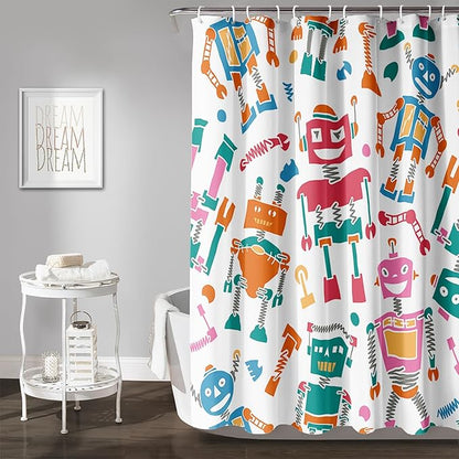 AILONEN Robots Shower Curtain,Modern Cartoon Super Robot Pattern Bathroom Decor for Boys Girls Teens Kids, 48" W*72" H Watercolor Robot Shower Curtain Set