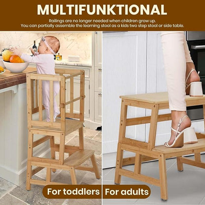 COSYLAND Kids Kitchen Step Stool，Toddler Standing Tower with CPC Certification, Removable Anti-Drop Railing Safety Rail Enjoys Unique Patented Design A Anti-tip Structure More Stable, Natural Bamboo