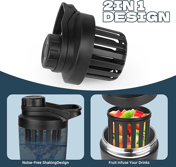 24 oz Shaker Bottle,Stainless Steel Shaker Bottle with Noise-Free Design,Insulated Metal Shakers Bottles Cup for Protein Mixes and Pre Workout,Gym Shaker Bottle (Black&Blue)