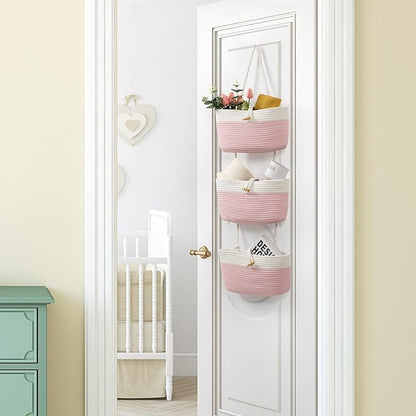 TeoKJ Over The Door Hanging Baskets with Button Strap, 3-Tier Woven Cotton Storage Organizer Bag, Wall-Mounted with Hook Decorative Hanging Nursery Baskets - Pink+White