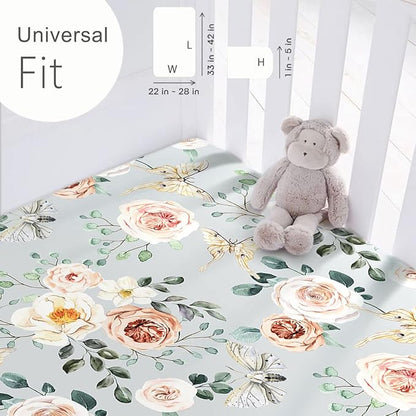 GRSSDER Stretchy Ultra Soft Jersey Knit Fitted Pack n Play Sheets Set 2 Pack, Portable/Mini Crib Sheets for Girls, Watercolor Flowers and Fruits