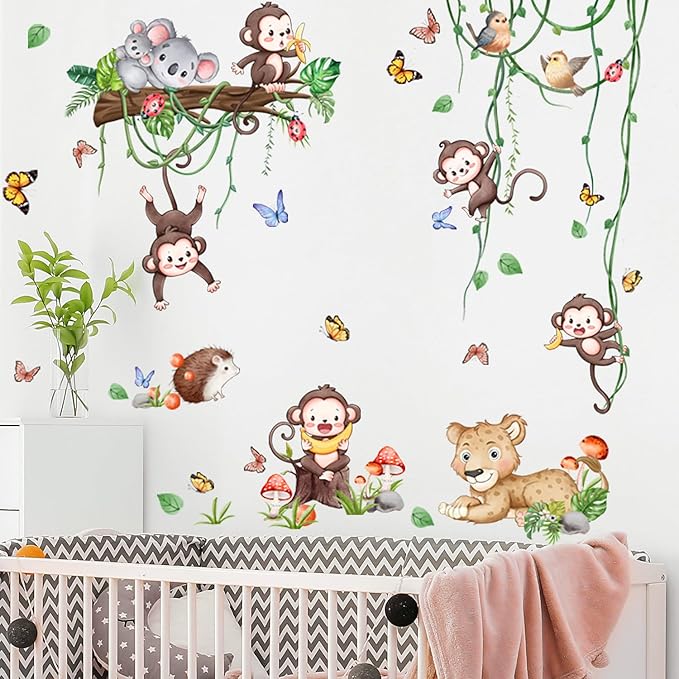 Safari Monkey Climbing Tree Wall Stickers Jungle Animals Vine Leaves Wall Stickers Vinyl Sloth Leopard Butterfly Plants Mural Art Decor for Kids Baby Nursery Bedroom Living Room Sofa TV Wall