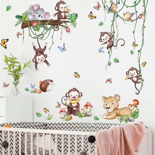 Safari Monkey Climbing Tree Wall Stickers Jungle Animals Vine Leaves Wall Stickers Vinyl Sloth Leopard Butterfly Plants Mural Art Decor for Kids Baby Nursery Bedroom Living Room Sofa TV Wall