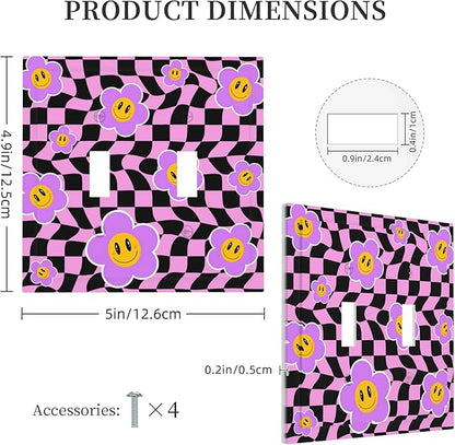 Flowers with Checkered Double Toggle Light Switch Covers 2 Gang Wall Plate Dual Decorative Switchplate Electrical Faceplate for Bathroom Country Kitchen Bedroom Decor, 4.9" x 5"