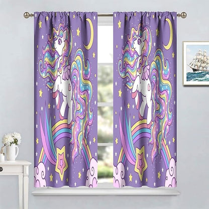 Unicorn Curtains Fantasy Star Moon Cartoon Theme Curtains Cute White Unicorn Rainbow Design Printed Curtains Boys Girls Room Curtains 84x84 Inch 2 Panels