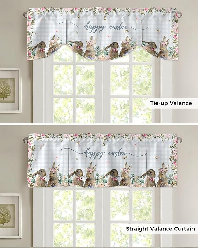Rabbits Flowers Easter Blackout Tie Up Valance Curtains for Kitchen Windows Eucalyptus Leaf Spring Summer Window Toppers Balloon Shades for Living Room/Bathroom/Bedroom,1 Panel, 54" X 18,Buffalo Plaid