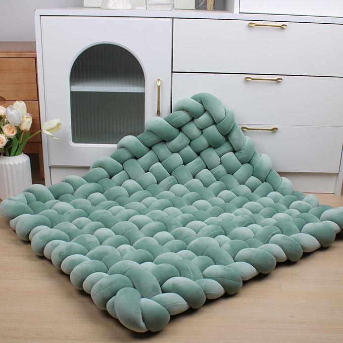 XHJRI Thickened Braided Knot Seat Mat, Knotted Floor Decorative Cushion, Handmade Baby Infant Playing Pad Nursery Rug (27.5 * 31.5 Inch,Matcha Green)