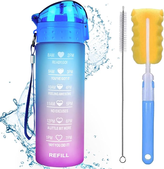 XACIOA Water Bottle with Straw,18oz Plastic Cup with Motivational Time Marker,1L Tritan Sport Lightweight Leakproof BPA-Free,Wide Mouth Fast Flow Ensure You Have Times to Drink,with Straw & Cup Brush