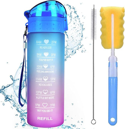 XACIOA Water Bottle with Straw,18oz Plastic Cup with Motivational Time Marker,1L Tritan Sport Lightweight Leakproof BPA-Free,Wide Mouth Fast Flow Ensure You Have Times to Drink,with Straw & Cup Brush