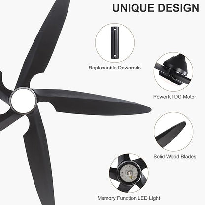 64 Inch Modern Ceiling Fan with Lights and Remote, 5 Wood Blades, 6-Speed Noiseless Reversible DC Motor with Replaceable Downrods for Bedroom Living Room Dining Room, Black