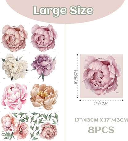 9 Pieces Large Peony Watercolor Wall Decals Peel and Stick, Oppro Big Size Floral Peonies Blossom Colorful Flower Leaves Wall Stickers Decor for Living Room Bedroom Kids Room Decoration, Pink Purple