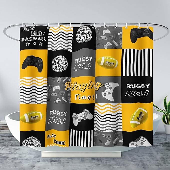 AILONEN Gaming Shower Curtain,Orangish Ball Sports Bathroom Shower Curtain for Boys Kids Teens, 72" W*96" H Gaming Gamer Theme Shower Curtain Sets for Bathroom