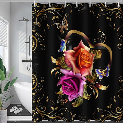 AILONEN Girls Rose Floral Shower Curtain 36" W*72" H for Bathroom, Gold Yellow Flower Butterfly Bathroom Curtain,Women Teen Girls Flower Bath Curtain Polyester Waterproof Bath Curtain with 12 Hooks