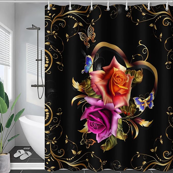 AILONEN Girls Rose Floral Shower Curtain 60" W*72" H for Bathroom, Gold Yellow Flower Butterfly Bathroom Curtain,Women Teen Girls Flower Bath Curtain Polyester Waterproof Bath Curtain with 12 Hooks