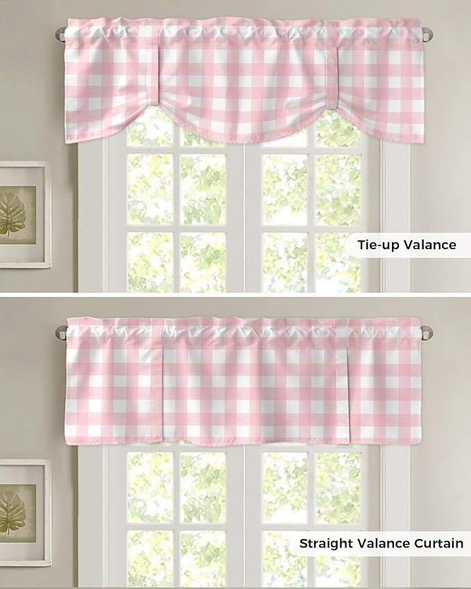 Christmas Blackout Tie Up Valance Curtains for Kitchen Windows Rustic Pink White Buffalo Check Plaid Pattern Window Toppers Balloon Shades for Living Room/Bathroom/Bedroom,1 Panel, 42" X 18",Farmhouse