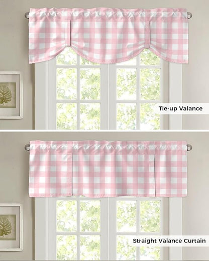 Christmas Blackout Tie Up Valance Curtains for Kitchen Windows Rustic Pink White Buffalo Check Plaid Pattern Window Toppers Balloon Shades for Living Room/Bathroom/Bedroom,1 Panel, 42" X 12",Farmhouse