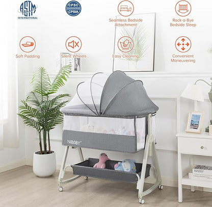 3 in 1 Baby Bassinet Bedside Sleeper, 6 Height Adjustable Portable Baby Crib Bedside Bassinet with Wheels, Mosquito Net & Storage Basket for Safe Co-Sleeping, Fit for Newborn/Infants (Gray)