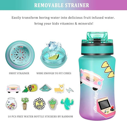 GOPPUS Kids Water Bottle with Straw Spout Lid 10pcs Stickers 12 oz Leak-proof BPA Free Motivational Time Marker Tritan Plastic Water Bottles for Girls Boys School Sports