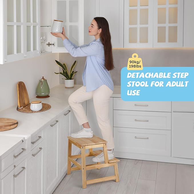 Kids Kitchen Step Stool, Standing step stool with Safety Rail for Toddlers 18 Months and Older, Safety Anti-Slip Protection, Removable Step Stool for Adult Use, Natural