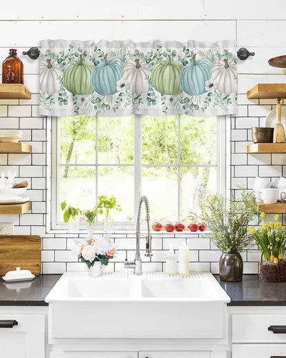 Fall Thanksgiving Kitchen Curtains Valances for Windows Autumn Pumpkins Eucalyptus Leaves Rod Pocket Window Treatment for Kitchen /Living Room/Bedroom/ Bathroom, 54" X 18", White Blue Green Gray Plaid