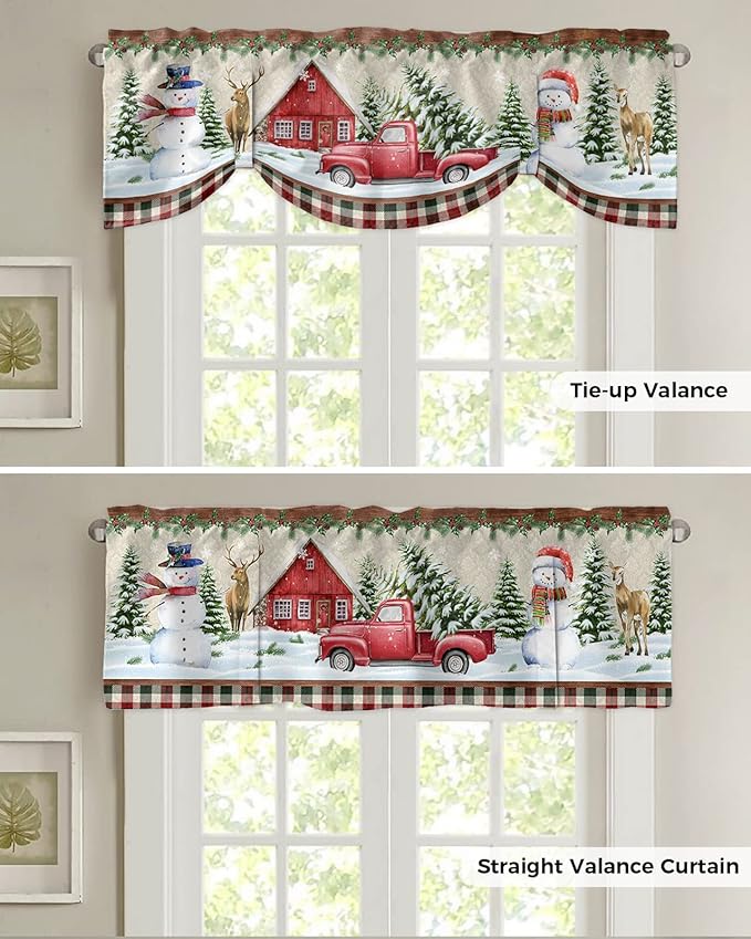 Christmas Farmhouse Blackout Tie Up Valance Curtains for Kitchen Windows Snowman Farm Red Truck Window Toppers Balloon Shades for Living Room/Bathroom/Bedroom,1 Panel,42" X 18" Winter Holiday