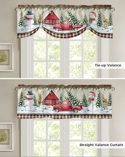 Christmas Farmhouse Blackout Tie Up Valance Curtains for Kitchen Windows Snowman Farm Red Truck Window Toppers Balloon Shades for Living Room/Bathroom/Bedroom,1 Panel,42" X 18" Winter Holiday