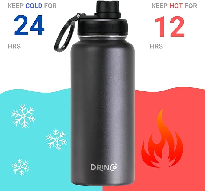 DRINCO Stainless Steel Water Bottle Spout Lid Vacuum Insulated Double Wall Water Bottle USA Flag Military Veteran (32oz Thin Blue Black, 32oz)