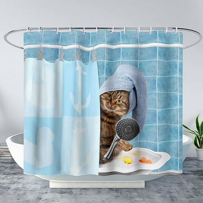 AILONEN Funny Cat Shower Curtain for Kids 48" W*72" H Inch,Cute Kitten Taking Shower Bathroom Curtain,12 Pack Hooks Polyester Waterproof Fabric Decor for Bathroom,Blue