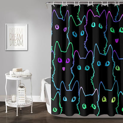 AILONEN Cute Cat Shower Curtain for Bathroom,Gradient Line Kawaii Kitten Bath Curtain for Kids Boys Girls,Color Cartoon Animal Polyester Waterproof with 12 Plastic Hooks 48" W*72" H