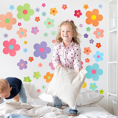 63pcs Cute Flowers Wall Sticker PVC Colorful Y2k Floral Wall Decor Vinyl Peel and Stick Flowers Stickers for Teen Girls Boy Kids Nursery Bedroom Kindergarten(9 Sheets, Bright Colors)