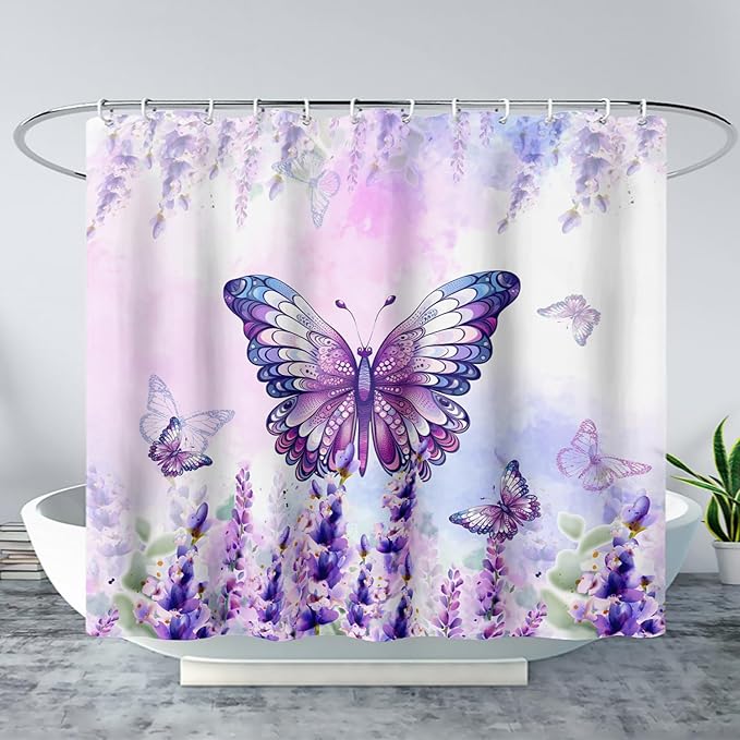 AILONEN Girls Butterfly Shower Curtain for Bathroom,Purple Blooming Lavender Flower Floral Butterfly Printed Bath Curtain 72" W*84" H Polyester Fabric Waterproof Bathroom Curtain with 12 Hooks