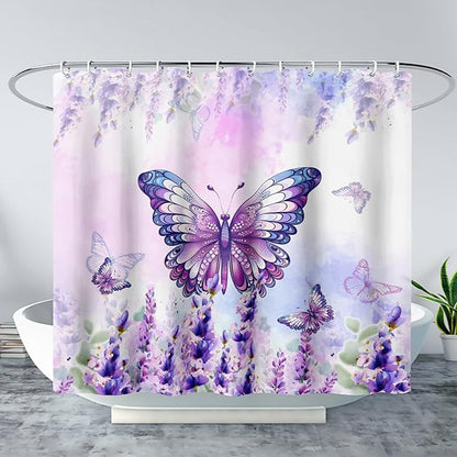 AILONEN Girls Butterfly Shower Curtain for Bathroom,Purple Blooming Lavender Flower Floral Butterfly Printed Bath Curtain 36" W*72" H Polyester Fabric Waterproof Bathroom Curtain with 12 Hooks