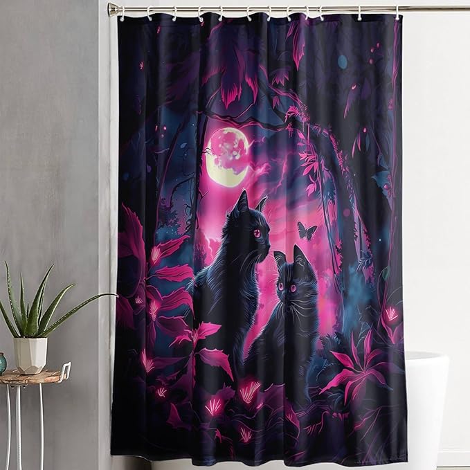 AILONEN Black Cat Shower Curtain,Cartoon Mother Son Kitten Shower Curtain Set for Kids Boys Girls,Boho Style Moon Shower Curtain with Hooks for Bathroom,72" W*84" H