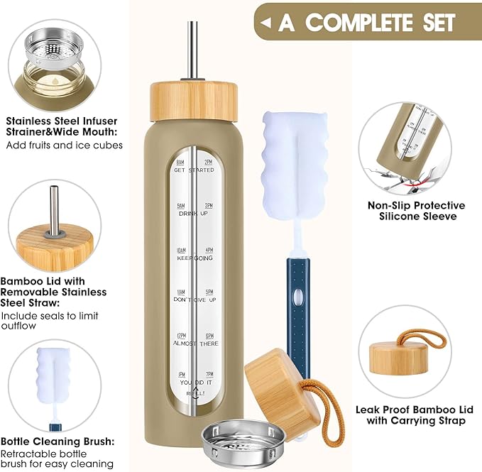 32 oz Glass Water Bottles with Straw - Motivational Glass Water Bottle with Time Marker & Silicone Sleeve - Reusable Glass Tumbler Includes 2 Bamboo Lids & Fruit Infuser - 1 Pack