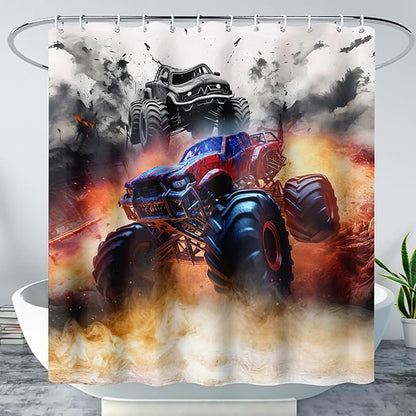 AILONEN Boys Monster Truck Shower Curtain for Bathroom, Watercolor Truck Bath Curtain,Cartoon Truck Shower Curtain for Kids Teen,Waterproof Curtain Bathroom 36" W*72" H Decor with 12 Plastic Hooks
